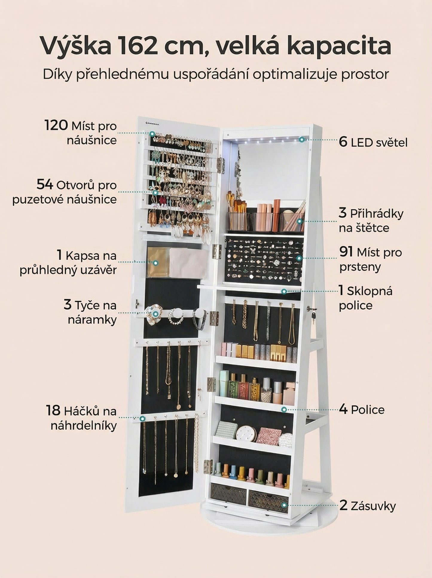 Otočná vitrína na šperky se zrcadlem