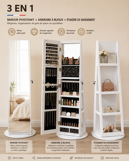 Armoire à bijoux pivotante avec miroir