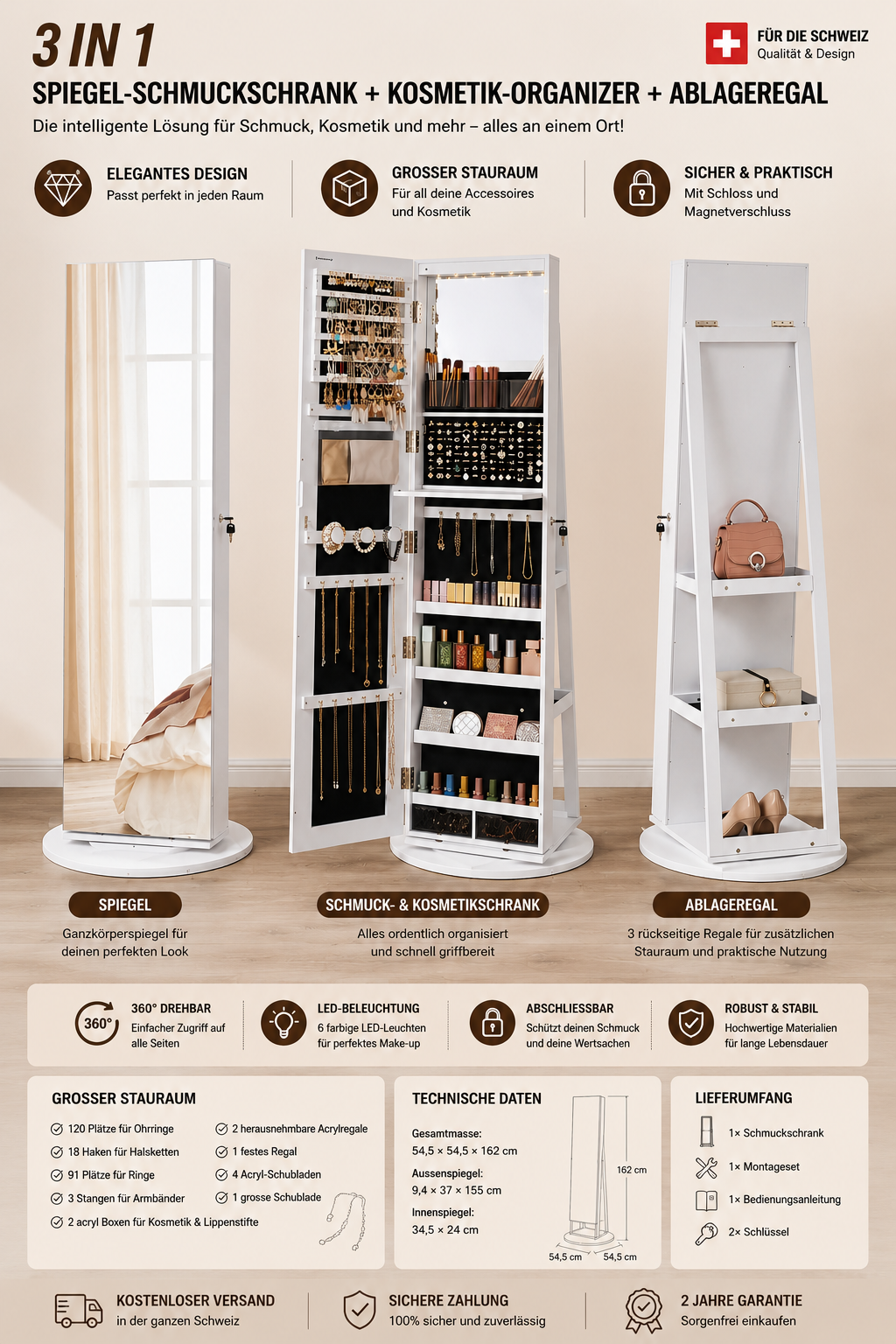 Drehbarer Schmuckschrank mit Spiegel