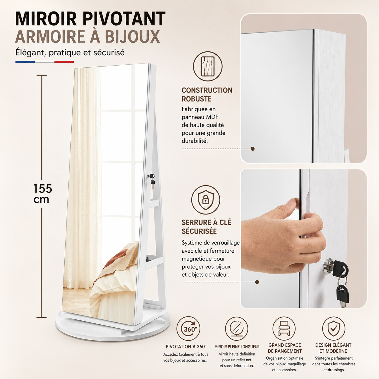 Armoire à bijoux pivotante avec miroir