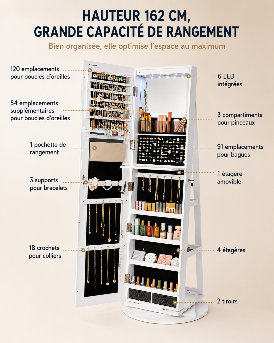 Armoire à bijoux pivotante avec miroir