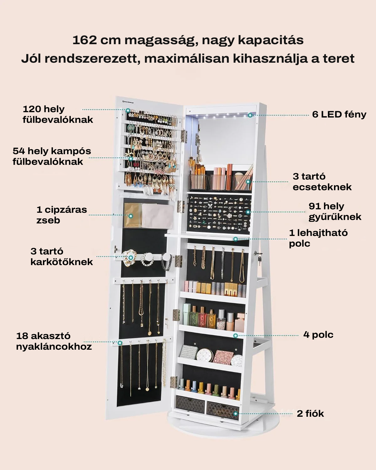 Forgatható ékszertartó szekrény tükörrel